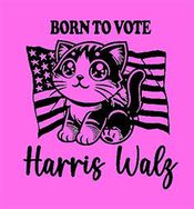 Born To Vote Kitty Cat in front of American Flag with Harris Walz Hello Kitty font Pink T-shirt